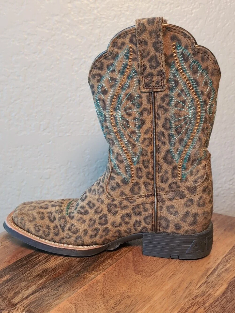 Kids Leopard Print Western Boots with Turquoise Stitching
